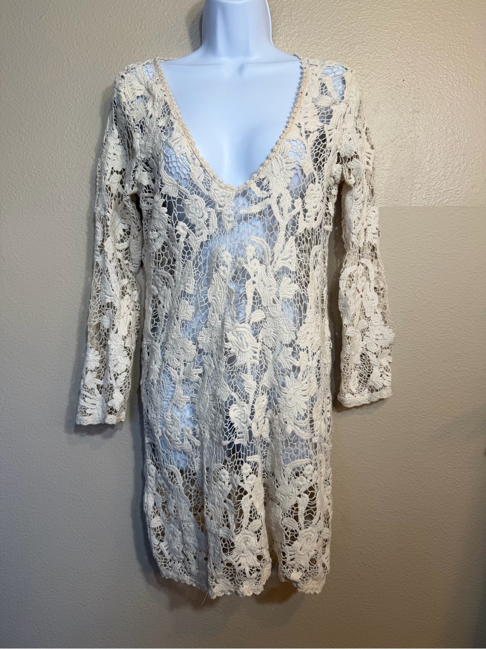 Crochet Lace V-Neck Tunic Dress / Cover-Up Cream Boho